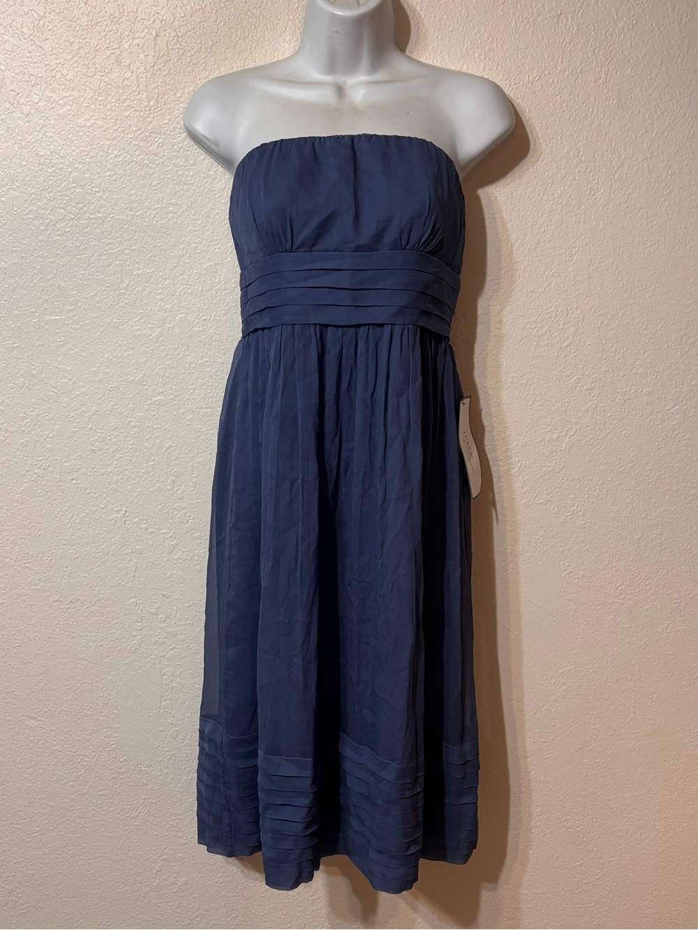J. Crew Strapless Navy Blue Pleated Waist Midi Dress
